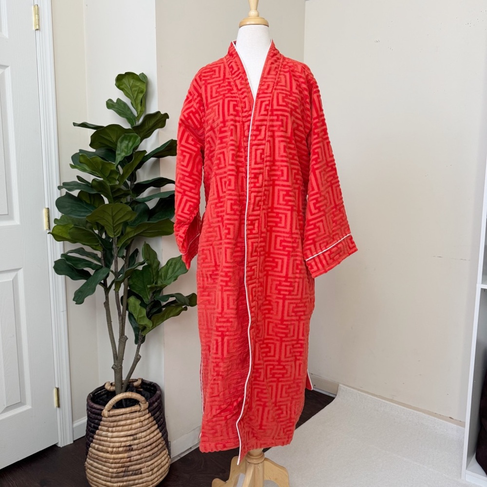 Orange Red Textured Velvet Bath Robe - Picture 6 of 13